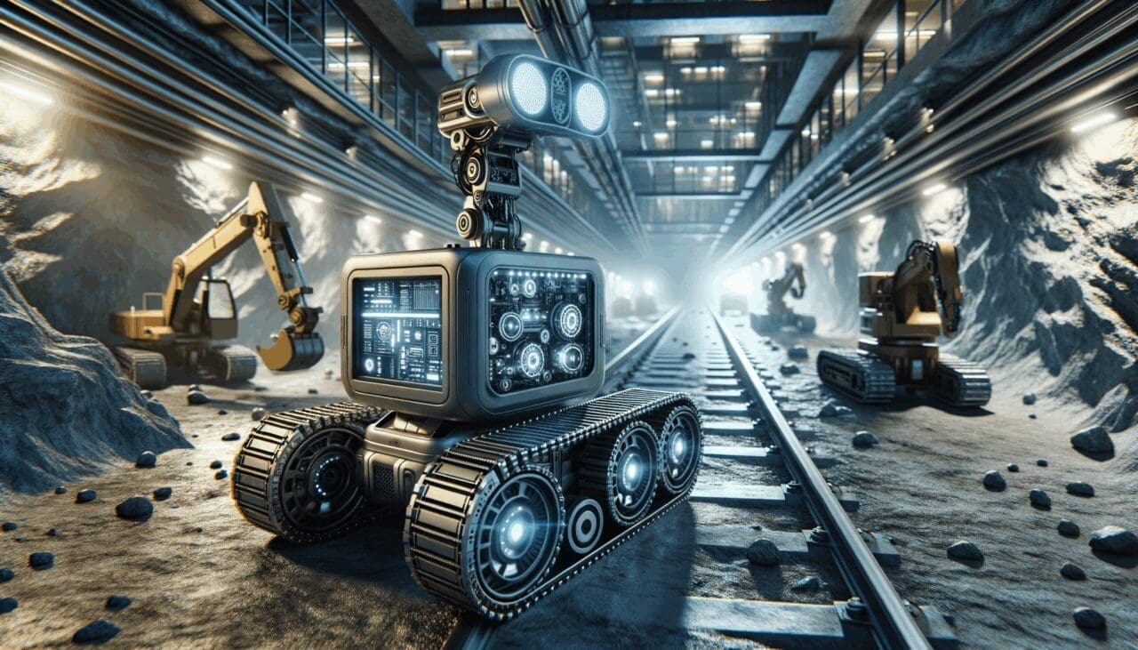 Robots autónomos trabajando en una mina subterránea, con tecnología avanzada visible.