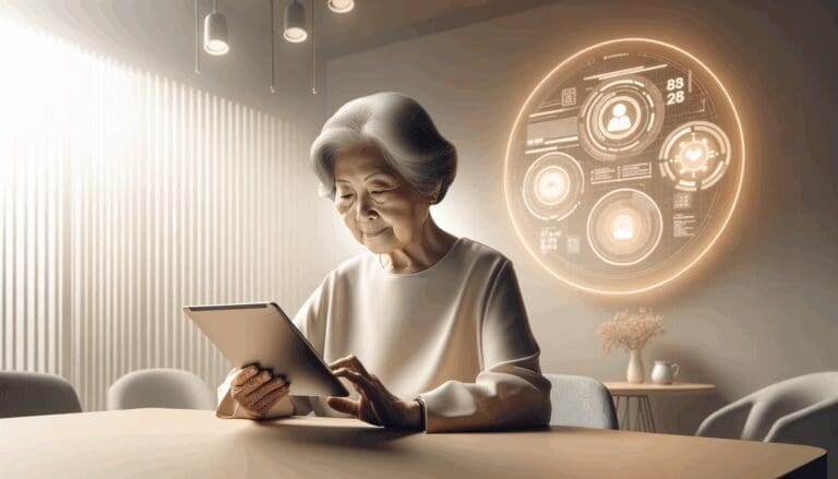Persona mayor usando una tablet moderna sobre una mesa, fondo neutro, entorno luminoso y tecnológico.