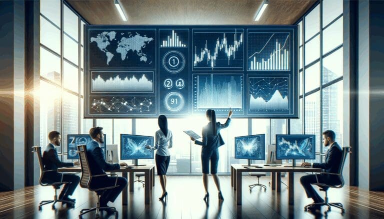 Equipo de trabajo en oficina moderna, analizando gráficos y pantallas con datos financieros digitales.