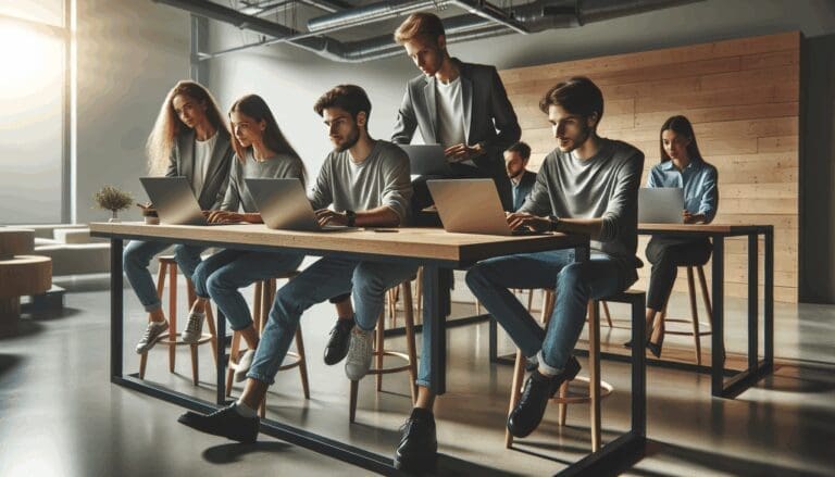 Jóvenes reunidos en una sala moderna de coworking, colaborando frente a computadoras portátiles, ambiente innovador.