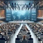 Auditorio moderno lleno de emprendedores y pantallas luminosas en un evento tecnológico internacional.