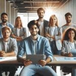 Fotografía de jóvenes emprendedores en un espacio de coworking moderno, integrando tecnología.