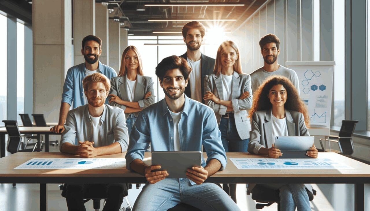 Fotografía de jóvenes emprendedores en un espacio de coworking moderno, integrando tecnología.