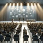 Auditorio moderno con emprendedores presentando proyectos tecnológicos ante un público atento.