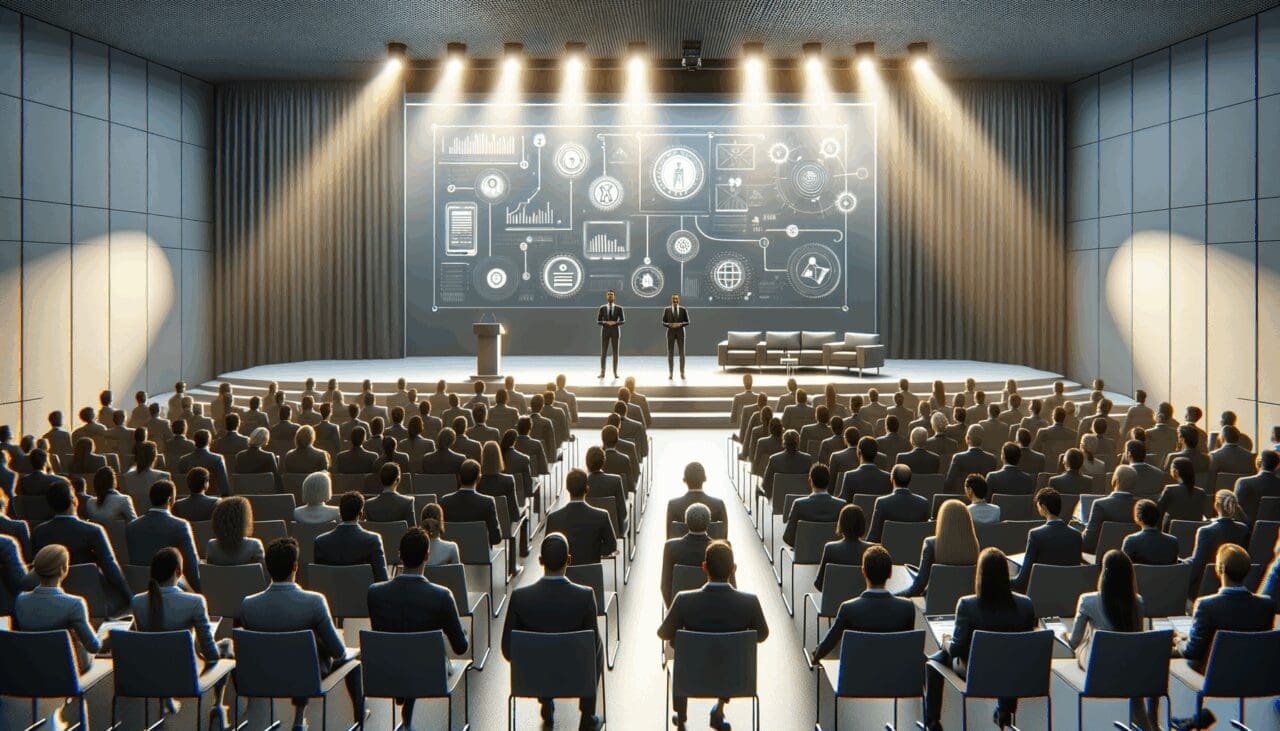 Auditorio moderno con emprendedores presentando proyectos tecnológicos ante un público atento.