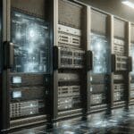 Primer plano de servidores y paneles digitales en una sala de investigación tecnológica con ambiente futurista.