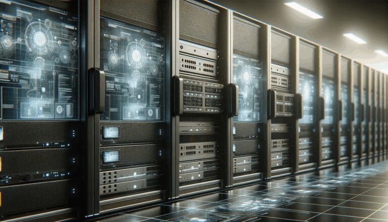 Primer plano de servidores y paneles digitales en una sala de investigación tecnológica con ambiente futurista.