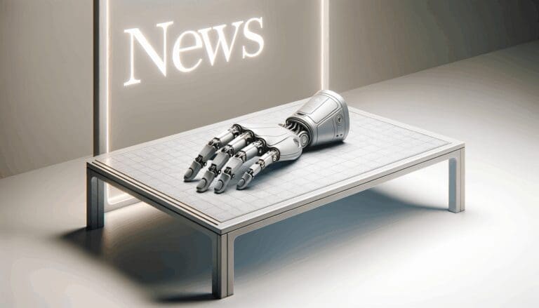 Primer plano de una mano biónica impresa en 3D sobre una mesa tecnológica minimalista.