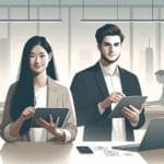 Ilustración minimalista de jóvenes emprendedores usando tecnología financiera en una oficina moderna.