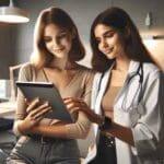 Dos mujeres jóvenes usando una tableta en un entorno médico moderno y luminoso.
