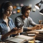 Persona usando un smartphone con auriculares, rodeada de libros y notas tecnológicas, en un espacio minimalista e iluminado.