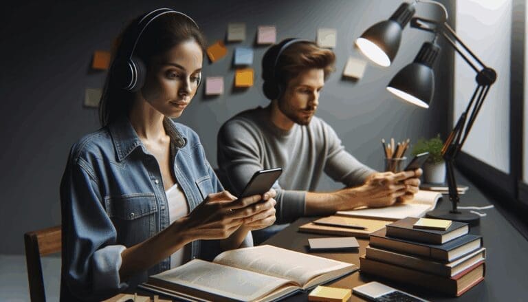 Persona usando un smartphone con auriculares, rodeada de libros y notas tecnológicas, en un espacio minimalista e iluminado.