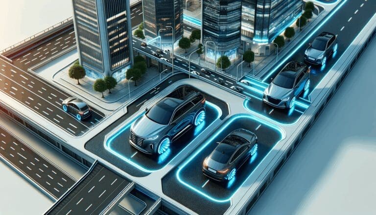 Vehículos modernos vistos desde arriba en un entorno urbano tecnológico, con luces LED resaltando innovación.