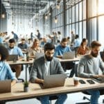 Oficinas modernas y colaborativas llenas de emprendedores trabajando en laptops en un espacio tecnológico iluminado.