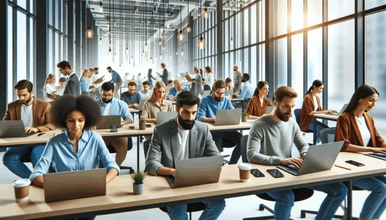 Oficinas modernas y colaborativas llenas de emprendedores trabajando en laptops en un espacio tecnológico iluminado.