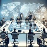 Sala de reuniones luminosa con emprendedores internacionales colaborando y dispositivos tecnológicos en una mesa.