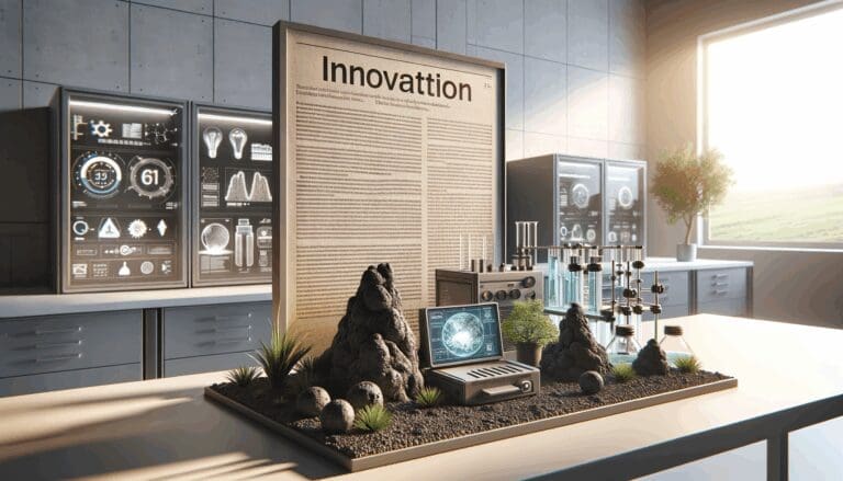 Laboratorio tecnológico con rocas volcánicas y equipos de innovación ambiental sobre una mesa, luz natural y fondo neutro.