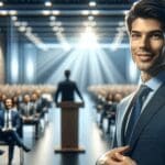 Retrato elegante de un emprendedor frente a una audiencia en un auditorio moderno, fondo desenfocado y estilo corporativo.