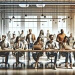 Equipo multicultural de emprendedores trabajando en un espacio de coworking moderno con tecnología avanzada.