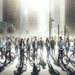 Grupo diverso en una ciudad moderna usando bicicletas compartidas bajo luz natural.