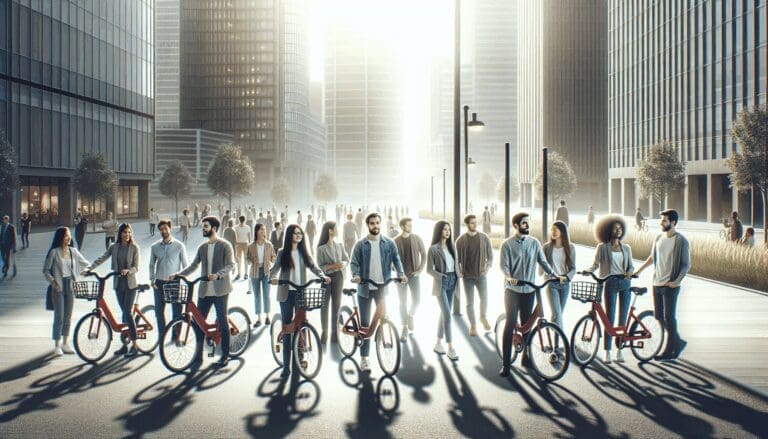 Grupo diverso en una ciudad moderna usando bicicletas compartidas bajo luz natural.