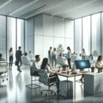 Oficinas modernas con equipos de trabajo colaborando en un entorno tecnológico.