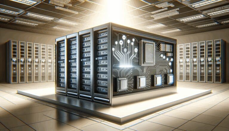 Ilustración digital de servidores y chips de inteligencia artificial en un entorno empresarial moderno.
