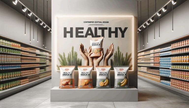 Paquetes de snacks saludables en un estante de supermercado moderno