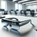 Primer plano de unas gafas inteligentes de realidad aumentada sobre una mesa de trabajo tecnológica, con fondo desenfocado.