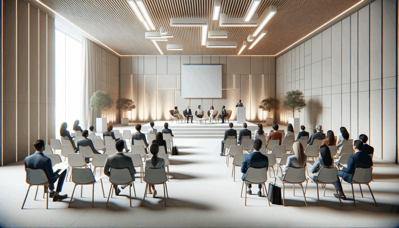Fotografía interior luminosa de un evento corporativo con emprendedores presentando proyectos en un auditorio moderno.