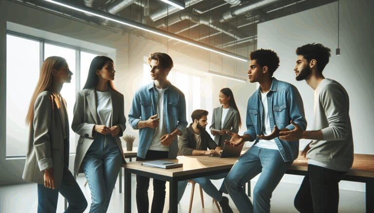Emprendedores jóvenes colaborando en un espacio de trabajo tecnológico iluminado y moderno.