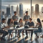 Jóvenes emprendedores colaborando en un moderno espacio de coworking con vista urbana a Medellín