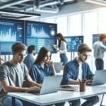 Equipo joven trabajando en laptops en una oficina moderna y luminosa, fondo de pantallas con gráficos tecnológicos.