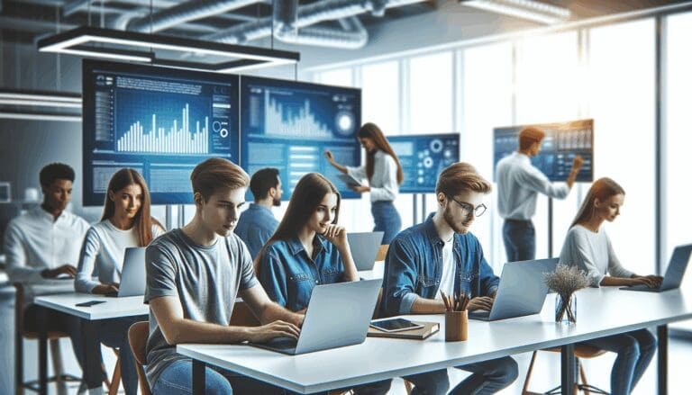 Equipo joven trabajando en laptops en una oficina moderna y luminosa, fondo de pantallas con gráficos tecnológicos.