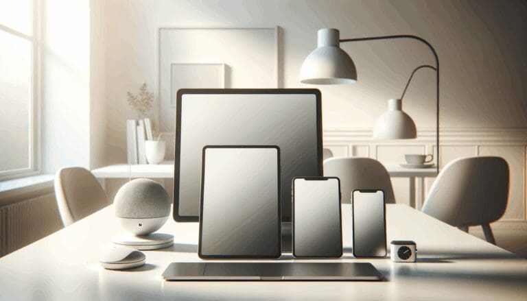 Primer plano de dispositivos tecnológicos minimalistas sobre una mesa blanca en ambiente moderno.