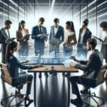 Equipo de emprendedores revisando gráficos digitales y soluciones tecnológicas en una oficina moderna.