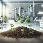 Primer plano de plantas creciendo en suelo fértil, fondo difuminado con laboratorio moderno.