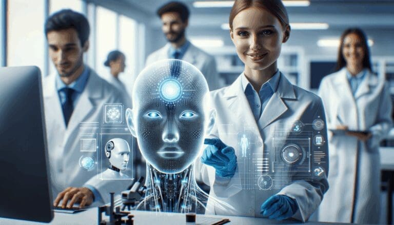 Primer plano de científicos trabajando con inteligencia artificial en un laboratorio moderno.