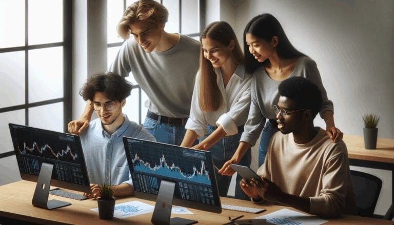 Personas jóvenes colaborando en un espacio de coworking con pantallas mostrando gráficos financieros digitales.