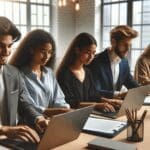 Emprendedores jóvenes trabajando en laptops en un espacio moderno y luminoso de coworking.