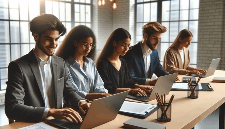 Emprendedores jóvenes trabajando en laptops en un espacio moderno y luminoso de coworking.