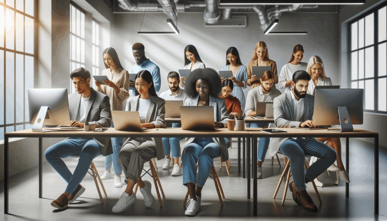 Jóvenes emprendedores usando computadoras y dispositivos móviles en un espacio de coworking moderno.