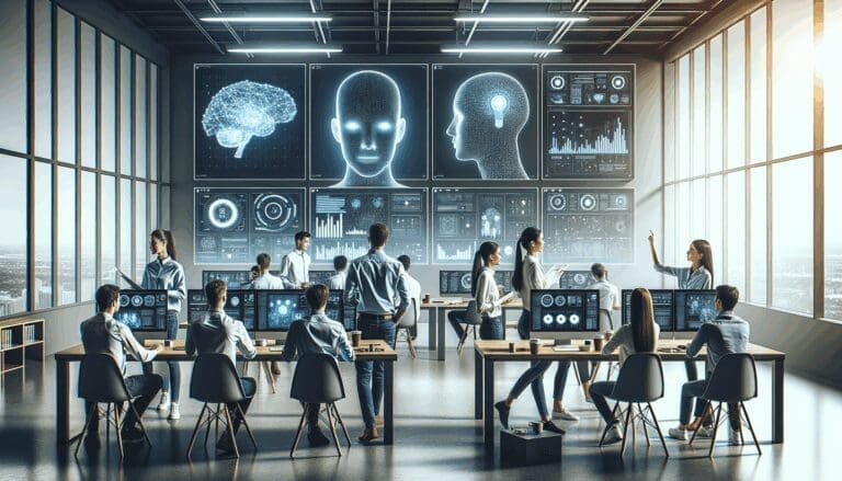 Equipo de jóvenes ingenieros colaborando en un espacio moderno con pantallas mostrando gráficos de inteligencia artificial.