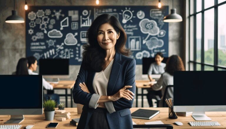 Retrato de una joven emprendedora en un espacio de coworking moderno, rodeada de computadoras y pizarras con ideas.