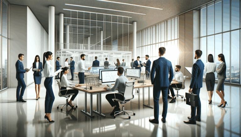 Oficina moderna con equipos de ingenieros colaborando en tecnología avanzada