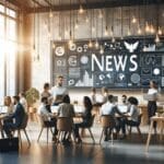 Emprendedores reunidos en un espacio de coworking con laptops y pizarras tecnológicas.