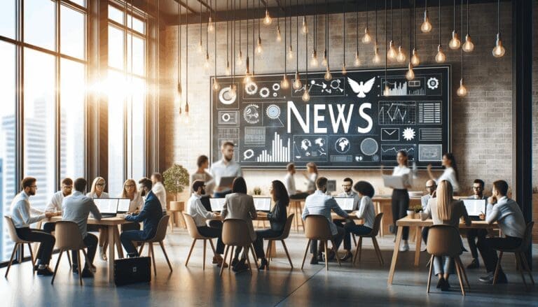 Emprendedores reunidos en un espacio de coworking con laptops y pizarras tecnológicas.