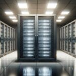 Centro de datos moderno con servidores iluminados en una sala tecnológica, ambiente de innovación.