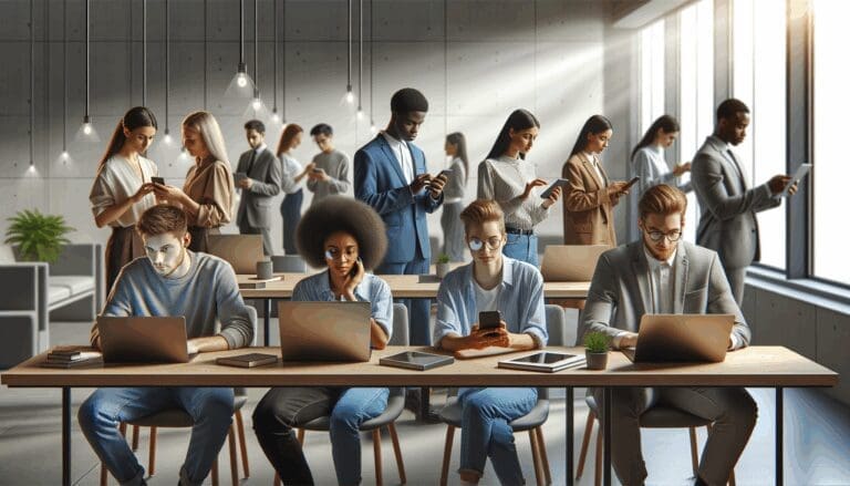 Personas jóvenes usando laptops y teléfonos móviles en una oficina luminosa y moderna.