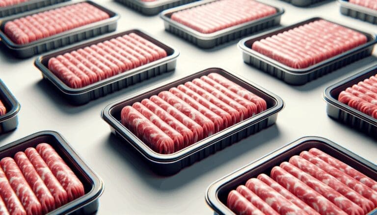 Primer plano de bandejas de carne picada innovadora sobre fondo neutro, iluminación limpia y ambiente industrial moderno.